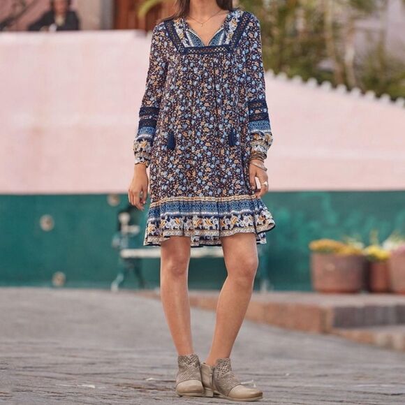 Sundance Dresses & Skirts - Sundance Simona Dress Blue Multi Floral Balloon Sleeve Peasant Dress Size Medium